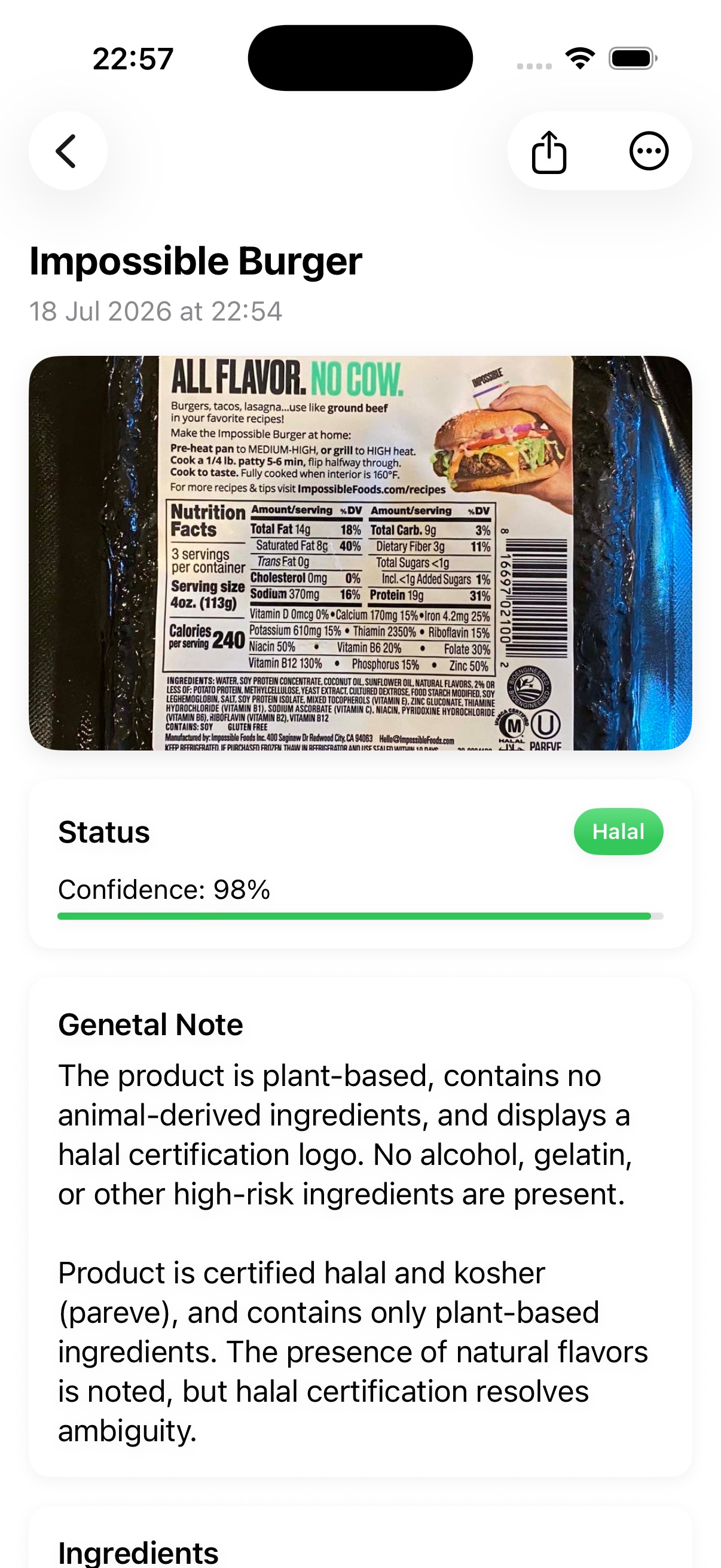 Scan result with Halal status, confidence, and AI explanation